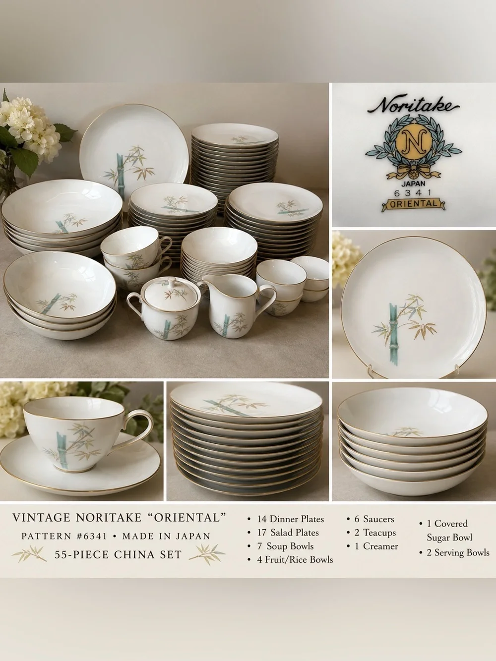Vintage Noritake Oriental 6341 Japan 55-Piece China Set Bamboo Gold Trim dinner
